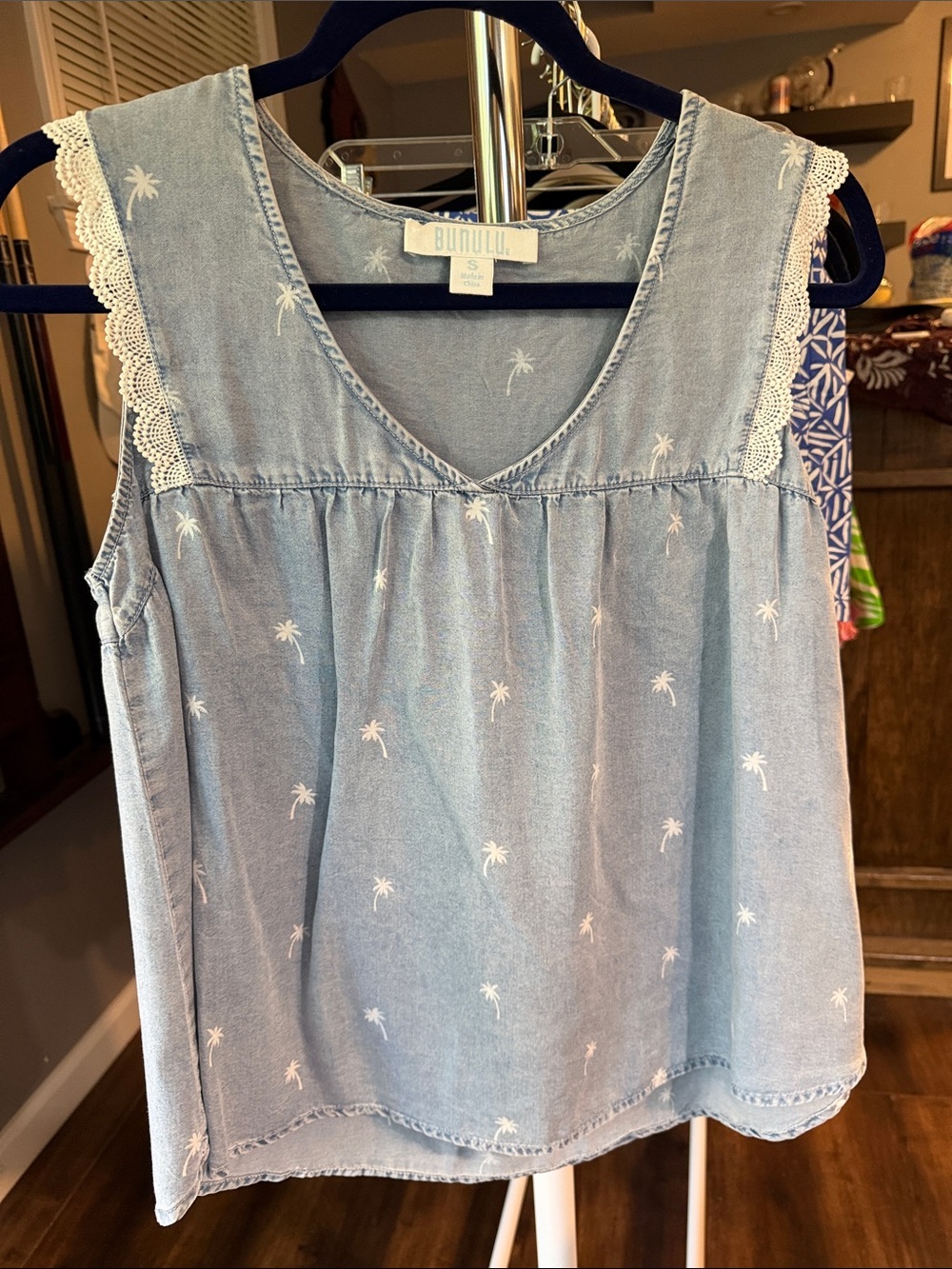Bunulu Light Blue Palm-Print Denim Camisole with Crochet Trim